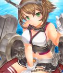  bare_shoulders breasts brown_hair cleavage gloves green_eyes headgear kantai_collection looking_at_viewer marker_(medium) medium_breasts midriff miniskirt mutsu_(kantai_collection) navel red_legwear shikishi short_hair skirt solo thighhighs traditional_media white_gloves yukitsuki_kokoro 