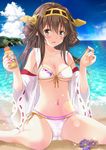  beach bikini blush bottle breasts brown_eyes brown_hair cameltoe cleavage day detached_sleeves flower front-tie_top hairband kantai_collection kongou_(kantai_collection) layered_bikini lens_flare long_hair looking_at_viewer lotion medium_breasts navel open_mouth ribbon-trimmed_sleeves ribbon_trim shiny shiny_skin sitting solo swimsuit takanashi_haruto untied wariza 