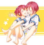  1girl belly_grab brother_and_sister closed_eyes free! matsuoka_gou matsuoka_rin ponytail red_hair sailor_collar shibucha short_hair shorts siblings younger 