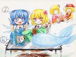  :3 :d :| =_= aki_minoriko aki_shizuha blonde_hair blue_eyes blue_hair blush bound cirno closed_mouth crab eating eighth_note fire firewood food fork hair_ornament hair_ribbon hat head_fins knife leaf_hair_ornament matches mermaid monster_girl multiple_girls musical_note namino. o_o open_mouth red_eyes ribbon rope rumia saliva scared short_hair smile spoken_musical_note spoken_sweatdrop sweatdrop sweet_potato tears tied_up touhou traditional_media v-shaped_eyebrows wakasagihime wings 