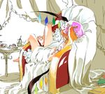  barefoot blonde_hair book cup flandre_scarlet food glass hat pillow ritz_(h322) sitting solo teacup touhou 