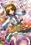  bad_id bad_pixiv_id barefoot blouse brown_eyes brown_hair calligraphy_brush_(medium) gibagiba graphite_(medium) grin hairband light_trail looking_away multicolored multicolored_background musical_note parted_lips short_hair skirt smile solo touhou traditional_media tsukumo_yatsuhashi 