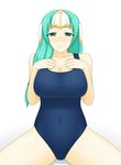  aqua_hair artist_request blush breast_suppress breasts cleavage collarbone covered_navel cowboy_shot fire_emblem fire_emblem:_akatsuki_no_megami forehead_protector green_eyes hair_over_shoulder large_breasts long_hair looking_at_viewer nose_blush one-piece_swimsuit school_swimsuit sigrun sitting solo source_request spread_legs swimsuit taut_clothes taut_swimsuit white_background 