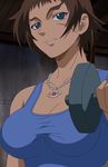  1girl blue_eyes breasts brown_hair jewelry kugatachi_kaname necklace scar screencap shijou_saikyou_no_deshi_ken&#039;ichi shijou_saikyou_no_deshi_ken'ichi solo stitched 