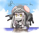  :&lt; cape chibi cloud day kantai_collection monster pale_skin shinkaisei-kan silver_hair sitting sky solo suzune_kotora turret water wo-class_aircraft_carrier yellow_eyes 