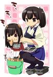  :&lt; akagi_(kantai_collection) armor bauxite brown_eyes brown_hair bucket chibi eating gloves japanese_clothes kaga_(kantai_collection) kantai_collection long_hair multiple_girls muneate ponytail sandals side_ponytail suzune_kotora thighhighs 