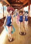  :d :o barefoot black_hair blush brown_eyes brown_hair competition_school_swimsuit looking_back multiple_girls old_school_swimsuit one-piece_swimsuit open_mouth original ralfu school_swimsuit short_hair smile swimsuit walking wooden_floor 