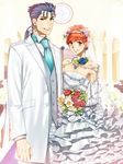  bad_id bad_pixiv_id bouquet crossdressing dress earrings elbow_gloves emiya_shirou fate/stay_night fate_(series) flower formal gloves gown jewelry lancer long_hair male_focus mitsuki_mitsuno multiple_boys necklace orange_hair otoko_no_ko ponytail tuxedo veil yaoi 