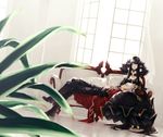  1girl absurdly_long_hair amakusa_shirou_(fate) black_hair boots cape couch detached_sleeves fate/apocrypha fate_(series) highres kagami_ei lap_pillow long_hair plant pointy_ears semiramis_(fate) very_long_hair white_hair 