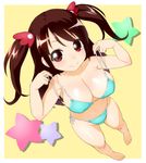  barefoot bikini blush breasts brown_hair cleavage from_above large_breasts long_hair looking_at_viewer mizuhara_hayari navel onsoku_maru red_eyes saki shiny shiny_skin side-tie_bikini smile solo star swimsuit twintails two_side_up untied 