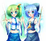  ascot bare_shoulders blue_eyes blue_hair bow cirno cosplay crop_top crop_top_overhang daiyousei detached_sleeves gohei green_hair hair_bow hair_ribbon hakurei_reimu hakurei_reimu_(cosplay) kochiya_sanae kochiya_sanae_(cosplay) looking_at_viewer midriff multiple_girls navel open_mouth osashin_(osada) ribbon short_hair side_ponytail skirt smile snowflakes touhou wide_sleeves wings 