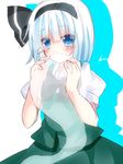  bad_id bad_pixiv_id blue_eyes blush bob_cut hair_ribbon konpaku_youmu konpaku_youmu_(ghost) mogu_(au1127) ribbon short_hair silver_hair solo touhou 