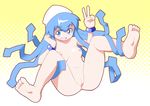  artist_request blue_eyes blue_hair blush bracelet fang feet halftone halftone_background ikamusume jewelry nipples prehensile_hair pussy qm shinryaku!_ikamusume small_breasts smile solo spread_legs uncensored v 