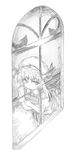  ascot book book_hug faux_traditional_media flandre_scarlet from_outside frown greyscale hat hat_ribbon highres holding holding_book kosdsp looking_at_viewer looking_out_window mob_cap monochrome ribbon side_ponytail skirt skirt_set solo touhou window wings 