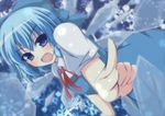  :d blue_eyes blush bow cirno collared_shirt fang foreshortening hair_bow hair_ribbon ice ice_wings index_finger_raised masiromu open_mouth pointing ribbon shirt short_hair short_sleeves smile snowflakes solo touhou v-shaped_eyebrows wings 
