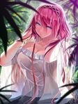  absurdres blue_eyes blush breasts cleavage hairband half-closed_eyes highres large_breasts leaf long_hair megurine_luka okingjo parted_lips pink_hair see-through_silhouette solo vocaloid wading water wet wet_clothes 