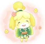  blush chibi dog doubutsu_no_mori eyes_closed flower hahifuhe japanese_clothes kimono no_humans open_mouth shizue_(doubutsu_no_mori) 