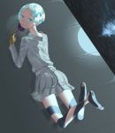  1other absurdres alternate_costume androgynous aqua_eyes aqua_hair barefoot blue_eyes blue_hair colored_eyelashes crystal_hair flower golden_arms highres houseki_no_kuni looking_at_viewer lying on_stomach phosphophyllite short_hair sleepwear smile solo 