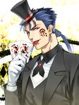  bad_id bad_pixiv_id blue_hair card facial_mark fate/stay_night fate_(series) formal gloves hat joker lancer licking long_hair male_focus mitsuki_mitsuno playing_card ponytail red_eyes solo top_hat tuxedo white_gloves 