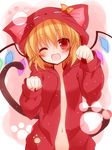  ;d animal_hood bad_id bad_pixiv_id blonde_hair cat_hood cat_tail fang flandre_scarlet highres hood hoodie mogu_(au1127) naked_hoodie navel one_eye_closed open_mouth out-of-frame_censoring paw_pose red_eyes smile solo tail touhou wings 