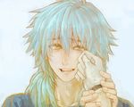  blue_hair clear_(dramatical_murder) dramatical_murder gloves hand_on_another's_cheek hand_on_another's_face long_hair male_focus seragaki_aoba smile soapwort solo_focus tears wiping_tears yellow_eyes 