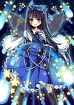  black_hair blue_eyes blush boots bow dress fairy_wings hair_bow hecha_(swy1996228) highres long_hair open_mouth smile solo star star_sapphire touhou wings 