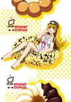  angel_french bakemonogatari blonde_hair blue_(spin_world) doughnut food food_on_face french_cruller golden_chocolate helmet highres long_hair long_legs mister_donut monogatari_(series) oshino_shinobu oversized_object pon_de_ring solo strap_slip yellow_eyes 