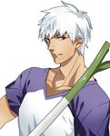  archer bad_id bad_pixiv_id brown_eyes dark_skin dark_skinned_male fate/stay_night fate_(series) male_focus mitsuki_mitsuno raglan_sleeves shirt solo spring_onion t-shirt white_hair 