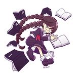  book braid brown_eyes brown_hair danganronpa danganronpa_1 dress frown fukawa_touko full_body glasses kei-chan_(atlas_kei) long_hair mole mole_under_mouth parody puyopuyo roman_numerals school_uniform serafuku shoes socks solo style_parody twin_braids twintails white_background 