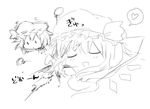  bat_wings character_doll closed_eyes collision flandre_scarlet greyscale harusame_(unmei_no_ikasumi) hat heart monochrome open_mouth remilia_scarlet short_hair sketch smile solo touhou wings 