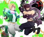  bad_id bad_pixiv_id black_hair blonde_hair boots bubble caesar_anthonio_zeppeli facial_mark fingerless_gloves gloves green_eyes green_jacket headband jacket jojo_no_kimyou_na_bouken joseph_joestar_(young) midriff multiple_boys oururi33 scarf 