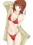  amami_haruka armpits bikini bow breasts brown_hair green_eyes grin hair_bow hair_ornament idolmaster idolmaster_(classic) jacket medium_breasts navel open_clothes open_jacket red_bikini ribbon short_hair smile solo stomach swimsuit tengu_(tetuo_kun) 