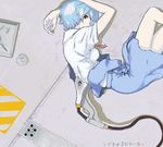  arms_up ayanami_rei blue_hair cable glass lying neon_genesis_evangelion pale_skin red_eyes ribbon school_uniform short_hair tray umbilical_cord wire ymr 