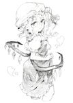  colored_pencil_(medium) dress dress_lift flandre_scarlet greyscale hat hat_ribbon heart highres looking_at_viewer looking_back mob_cap monochrome oshake ribbon side_ponytail smile solo touhou traditional_media wings 