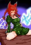  animal_ears arm_ribbon bed bed_frame braid breasts cat_ears cleavage dress fingernails flaming_skull floating_skull green_dress hand_on_own_stomach juliet_sleeves kaenbyou_rin large_breasts long_sleeves mersoleil03 naughty_face neck_ribbon on_bed puffy_sleeves red_eyes red_hair ribbon sitting sitting_on_bed solo thighhighs touhou twin_braids 