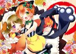  ;d alternate_costume animal_ears apron bare_shoulders blush bow brown_hair cat_ears cat_tail choker fake_animal_ears fang fingerless_gloves gloves hair_bow hair_ornament hairband hoshizora_rin hug japanese_clothes koizumi_hanayo looking_at_viewer love_live! love_live!_school_idol_project maid_apron maid_headdress multiple_girls natsuki_yuu_(amemizu) one_eye_closed open_mouth orange_hair puffy_shorts purple_eyes ribbon ribbon_choker short_hair shorts skirt smile striped striped_legwear tail thighhighs vertical-striped_legwear vertical_stripes wa_maid wrist_ribbon yellow_eyes 