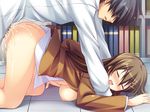  1girl blush breasts brown_hair censored eyes_closed game_cg long_hair nude penis seishin_seiai_paraphilia sena_izumi softhouse_seal 