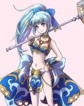  1girl blue_hair bow hair_bow hairbow hammer long_hair meru_(dragoon) navel ponytail red_eyes ribbon smile the_legend_of_dragoon weapon wingly 