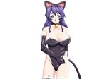  1girl animal_ears asaga_aoi bare_shoulders bell bell_collar blue_hair breasts cat_ears cat_tail catsuit cleavage collar elbow_gloves fur fur_trim game_cg gloves green_eyes highres large_breasts long_hair looking_at_viewer okaa-san_to_naisho okaasan_to_naisho simple_background solo standing tail 