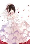  bad_id bad_pixiv_id bai_kongque bare_shoulders black_hair breasts cleavage date_a_live dress elbow_gloves gloves hair_over_one_eye heterochromia jewelry light_smile looking_at_viewer medium_breasts necklace petals red_eyes rose_petals smile solo tokisaki_kurumi wedding_dress white_background white_gloves yellow_eyes 
