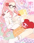  anemone_(eureka_seven) bespectacled eureka_seven eureka_seven_(series) flower glasses gulliver hair_flower hair_ornament heart heart_pillow hug linaria_(ookinahitomi) long_hair pillow pink_eyes pink_hair sitting smile socks solo star 