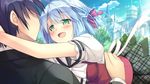  1boy 1girl blue_hair blush game_cg green_eyes koba_kazuomi koi_saku_miyako_ni_ai_no_yakusoku_wo_~annaffiare~ natsume_eri school_uniform short_hair skirt thighhighs uniform winifred_d_land 