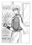  battle_tendency caesar_anthonio_zeppeli facial_mark feathers fingerless_gloves gloves greyscale hair_feathers headband jojo_no_kimyou_na_bouken kurenai_karasu male_focus monochrome scarf solo vending_machine 