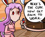  animal_ears arm bags_under_eyes bunny_ears drawer leomodesto lowres pajamas pill red_eyes reisen_udongein_inaba solo_focus touhou wooden_floor yagokoro_eirin 