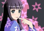  araragi_tsukihi black_eyes black_hair blush flower highres japanese_clothes kimono long_hair monogatari_(series) nenchi smile solo tongue tongue_out 
