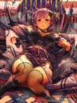  bad_id bad_pixiv_id blush boots breasts furyou_michi_~gang_road~ japanese_clothes jikan_hakushaku katana kimono kunai large_breasts pink_hair red_eyes sweat sword thighhighs weapon wide_hips 