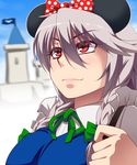  blue_sky bow braid castle closed_mouth commentary_request day flag hair_between_eyes hair_bow hayashi_custom highres izayoi_sakuya mickey_mouse_ears outdoors polka_dot polka_dot_bow portrait red_eyes silver_hair sky smile solo touhou twin_braids 