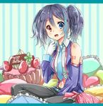  blue_eyes blue_neckwear cake clover detached_sleeves engrish food four-leaf_clover frilled_pillow frills gloves happy_birthday heterochromia highres necktie pillow ranguage red_eyes saito_katuo short_hair sitting solo utau yokune_ruko 