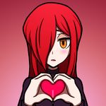  blush gradient gradient_background hair_over_one_eye hands heart heart_hands lipstick long_hair looking_at_viewer makeup parasoul_(skullgirls) red_hair red_lipstick simple_background sisen skullgirls solo yellow_eyes 