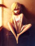  bakemonogatari barefoot blonde_hair dress fangs indoors legs long_hair long_legs monogatari_(series) noske oshino_shinobu solo strap_slip window yellow_eyes 